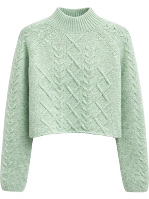 Mixray 6855 Kadın Dik Yaka Saç Örgülü Triko Kazak Mint