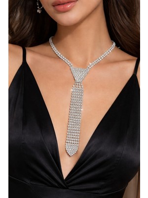 KLC Takı Kadın Gümüş Renk Kravat Model Zirkon Taşlı Kolye