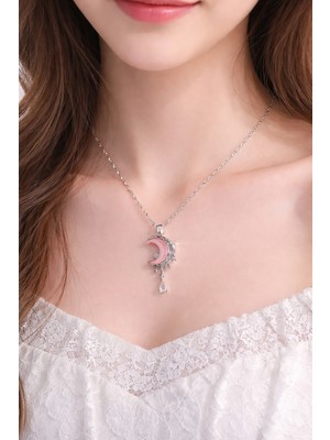 Lia Charm Pembe Ay ve Yıldız Detaylı Gümüş Kaplama Kolye - Kristal Taşlı Ay Işığı Serisi