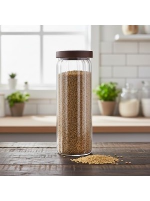 Akasya Kapaklı Uzun Çizgili Cam Kavanoz (1250 Ml) | Hava Geçirmez, Modern Fitilli Tasarım Gıda Saklama Kabı | Makarna, Bakliyat, Kahve ve Çay Kavanozu (9X25 Cm)