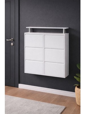 Karlı 3+3 Beyaz Yatay Metal Ayakkabılık Üst Ahşap Tablalı
