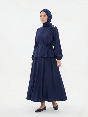 Foremia Omuz Aksesuar Pile Detay Etekli Takım-Lacivert -
