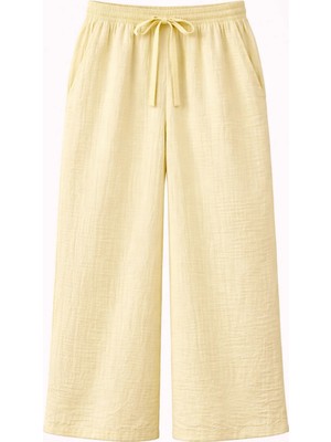 Mixray 4286 Kadın Bol Paça Beli Lastikli Müslin Palazzo Pantolon Pastel Sarısı