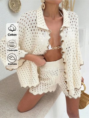 Jinx Wear Fashion Önü Düğmeli, Kadın Gömlek ve Kısa Şortlu Delikli Ajurlu Yaz Plaj Takımı.