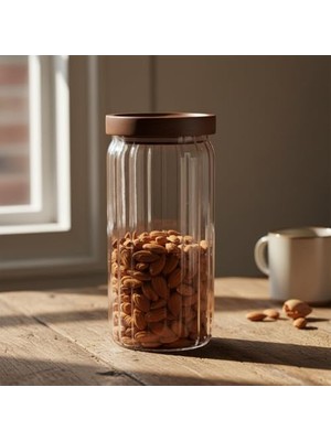 Akasya Kapaklı Çizgili Cam Kavanoz (1000ML /1 Litre) | Hava Geçirmez, Modern Fitilli Tasarım Gıda Saklama Kabı | Kahve, Çay, Kuruyemiş ve Bakliyat Kavanozu (9X20CM)