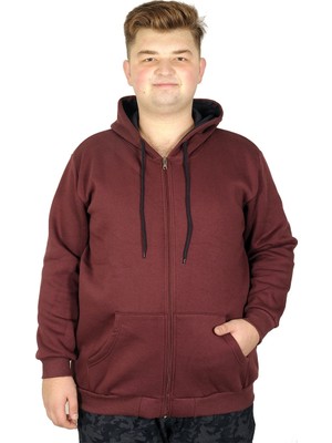 ModeXL Erkek Kapşonlu Zippered 20543 Sweatshirt Mürdüm Renkli Uzun Kol Düz Desenli Ekstra Konfor