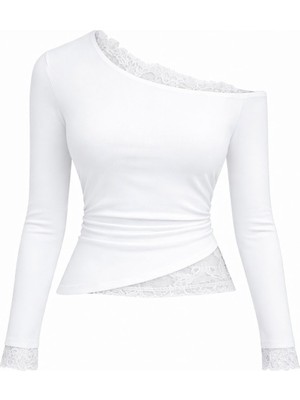 Mycparl Dantel Detaylı Kayık Yaka Asimetrik Kesim Doğal Viskon Y2K Bluz