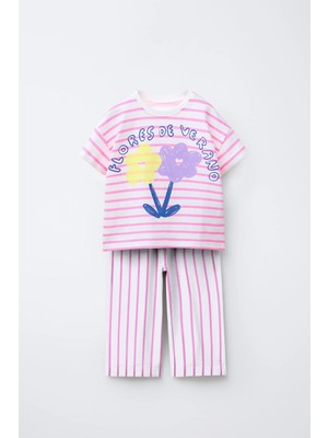 Magu Kız Çocuk Pamuklu Pembe Çizgili Çiçek Baskılı Tişört Eşofman Takım