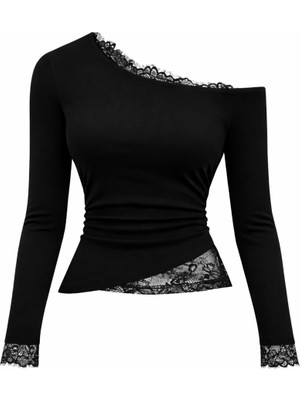 Mycparl Dantel Detaylı Kayık Yaka Asimetrik Kesim Doğal Viskon Y2K Bluz