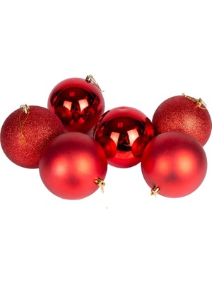 Yılbaşı Topu Simli Mat Parlak 6'lı Set Kırmızı 10 Cm.