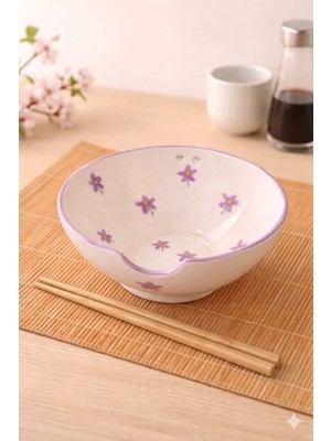 Ceresshop El Yapımı Sakura Desenli Seramik Noodle Kasesi (Coopstik Dahil)