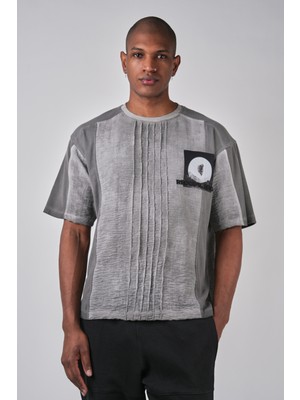 Ex-pent Erkek Yıkama Efektli Nervürlü Baskılı Regular Kalıp Gri Pamuklu T-Shirt