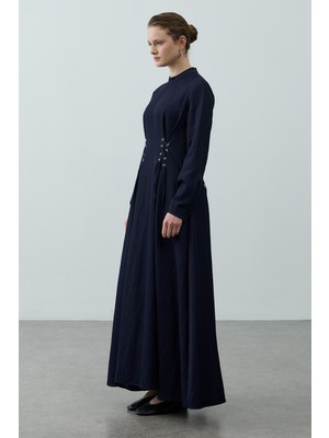 Fahhar Beli Kuşgözlü Bağlamalı Elbise Lacivert