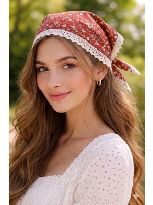 Dantel Detaylı Çiçek Desenli Pamuklu Bandana – Bağlamalı Kadın Saç Bandı / Vintage & Bohem Stil