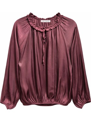 Mixray 4814 Kadın Bağlamalı Büzgülü Uzun Kol Saten Bluz Mürdüm