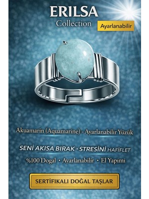 Erilsa Sertifikalı Akuamarin Doğal Taş Ayarlanabilir Yüzük – Sakinleştirici Enerji Taşı El Yapımı