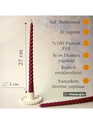 (2 Adet 27.5cm) Mum Konik Şamdan Mumu Dekoratif Akmaz Kırılmaz Mum Bal Mumu Beeswax Candle (Bordo)
