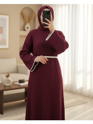 Modamorfo Etek Ucu ve Kolları Nakışlı Bağcıklı Triko Elbise  -Bordo