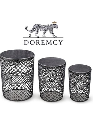 Doremcy Dorecy El Işçiliği Metal Zigon Sehpa Takımı - 3’lü Iç Içe Geçebilen Sepet Yan Sehpa (25-30-35 cm Çap, 48 cm Yükseklik)
