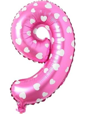 9 Rakamlı 16 Inç Pembe Kalpli Folyo Balon 36 cm (Pembe)