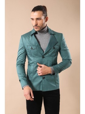 Wessi Erkek Safari Model Pamuk Trençkot Uzun Kol Düz Yeşil Renk Slim Fit Özellikli