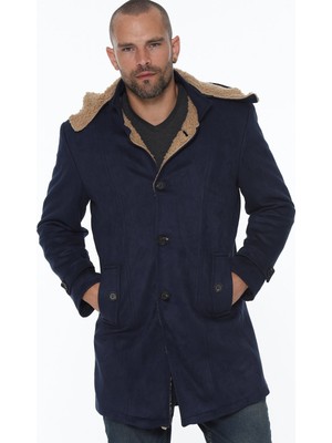 DEWBERRY PLT8399 Süet Görünümlü Lacivert Erkek Palto Pamuk Malzeme ile Uzun Kol Özellikli L Beden