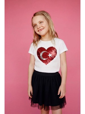 Magu Kız Çocuk Pamuklu Kırmızı Beyaz Ay Yıldız Payet Kalp Detaylı Tişörtlü Etekli Takım - Siyah Tül Etekli