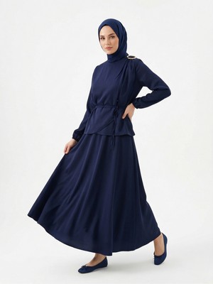 Foremia Omuz Aksesuar Detay Saten Etekli Takım-Lacivert -