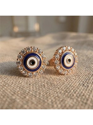 Zeino Nazar Boncuklu Zirkon Taşlı Küpe - Rose Altın Kaplama - 11 mm