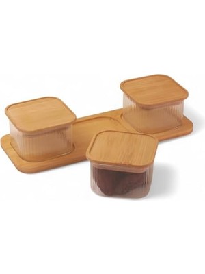 3'lü Bambu Kapaklı Cam Kahvaltılık ve Kuruyemişlik, 7 Parça Tepsili Kahvaltı ve Çerezlik Seti, Vakumlu Kapak