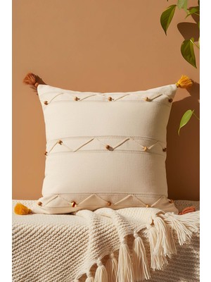 Zigzag Boncuk Işlemeli Püsküllü Dekoratif Kırlent Kılıfı