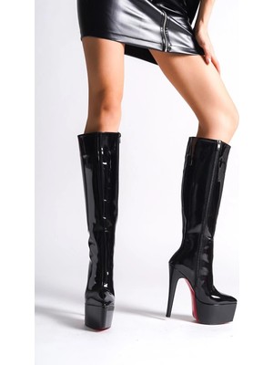 Ayakkabı Ateşi Siyah Rugan Platform Özel Tasarım Ince Topuklu Kadın Ayakkabı Carmen