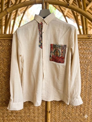 Hasır Cepli Keten Gömlek Krem