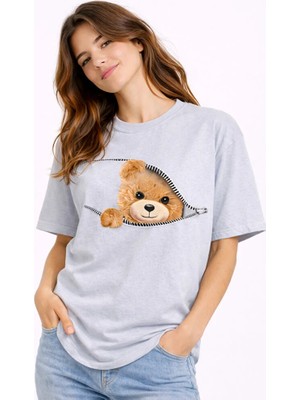 Nevermind Fermuarlı Ayıcık Baskılı Kadın Tişört Oversize Sevimli Teddy Bear Baskılı Pamuk T-Shirt