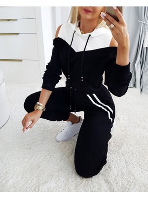 Pileli Store Kadın Uzun Kollu Omuzlardan Açık Kapşonlu Bağcıklı Çift Renkli Viskon Iki Iplik Bluz ve Pant