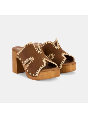 Desa Kadın Taba Etnik Dikiş Detaylı Süet Platform Topuklu Terlik