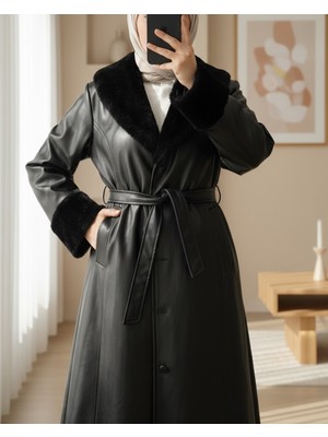 Modamorfo Kolu ve Yakası Peluşlu Bağcıklı Deri Pardesü -Siyah