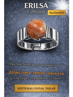 Erilsa Doğal Kalsedonlu Akik Taşı Ayarlanabilir Yüzük – Enerji Dengeleyici Şifa Taşı El Yapımı