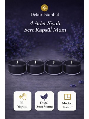 Dekor İstanbul 4 Adet Siyah Sert Kapsül Mum | El Yapımı Doğal Soya Mumu Modern Lüks Dekoratif Set