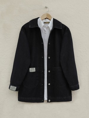 Moda Morfo Torba Cepli Düğmeli Kot Ceket -Siyah