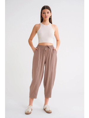 Mixray 4307 Kadın Beli Lastikli Parçalı Şalvar Pantolon Bisküvi
