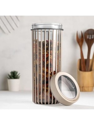 3'lü Çevir Aç Kapak Kavanoz Plastik Saklama Kabı Seti, Büyük, Orta, Küçük, 3 Boy (Bej)