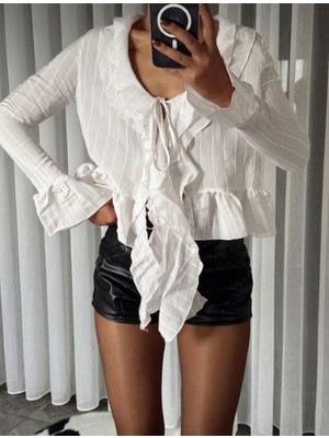 EAS Giyim Transparan Fırfırlı Çizgi Detaylı Gömlek