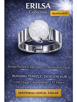 Erilsa Sertifikalı Kristal Kuvars Doğal Taş Ayarlanabilir Yüzük – Şifa Enerji Taşı El Yapımı Unisex