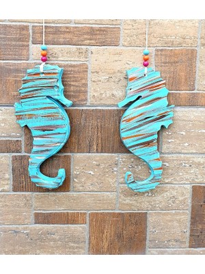 Turkuaz Denizatı Duvar Süsü, Ahşap El Yapımı, Renkli Boncuklu, 2'li Set