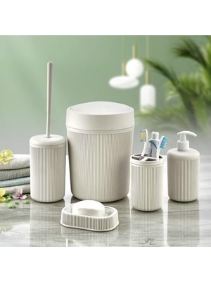 5’li Banyo Seti – Beyaz Renk, Modern Çizgili Tasarım, Dayanıklı Plastik