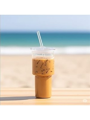 Uravas Store Bambu Kapaklı Cam Pipetli 450 ml Borosilikat Bardak