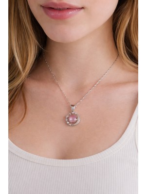 Lia Charm Gümüş Renk Pembe Taşlı Satürn Gezegen Kolye - Yıldız Detaylı Kadın Kolye