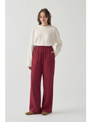 ALLDAY Bordo-Beli Lastikli Müslin Pantolon