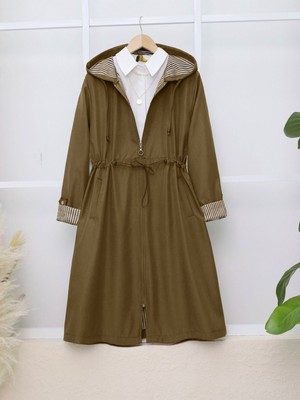 Moda Morfo Beli Lastikli Kolu Katlamalı Kapşonlu Trenckot  -Taba